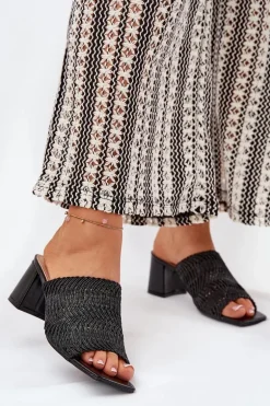 Klapki Damskie Z Plecionką Na Obcasie Czarne Ciariloria