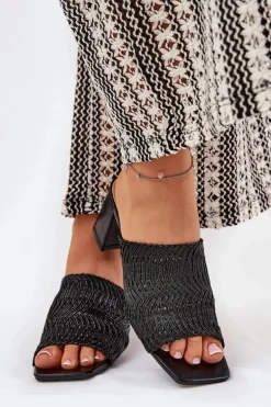 Klapki Damskie Z Plecionką Na Obcasie Czarne Ciariloria