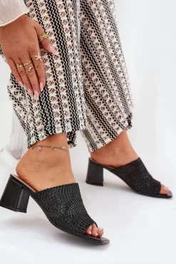 Klapki Damskie Z Plecionką Na Obcasie Czarne Ciariloria