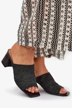 Klapki Damskie Z Plecionką Na Obcasie Czarne Ciariloria