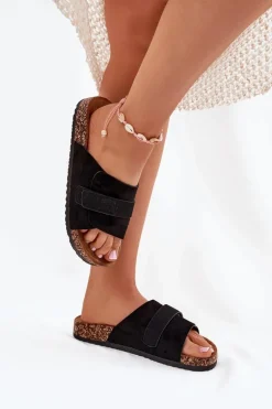 Klapki Damskie Z Rzepem Na Korkowej Platformie Czarne Baylin