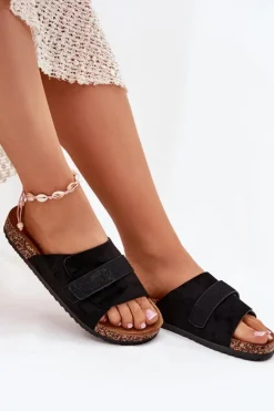 Klapki Damskie Z Rzepem Na Korkowej Platformie Czarne Baylin