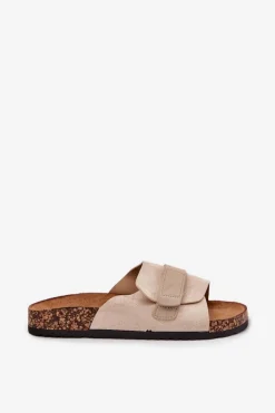 Klapki Damskie Z Rzepem Na Korkowej Platformie Beżowe Baylin