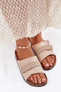 Klapki Damskie Z Rzepem Na Korkowej Platformie Beżowe Baylin