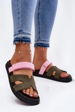 Klapki Damskie Z Rzepem Vinceza 17401 Zielono-Różowe