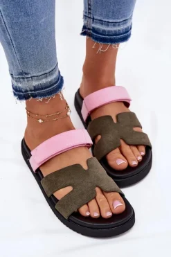 Klapki Damskie Z Rzepem Vinceza 17401 Zielono-Różowe