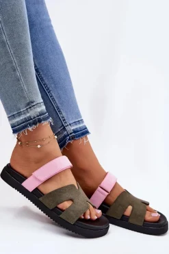 Klapki Damskie Z Rzepem Vinceza 17401 Zielono-Różowe