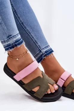 Klapki Damskie Z Rzepem Vinceza 17401 Zielono-Różowe