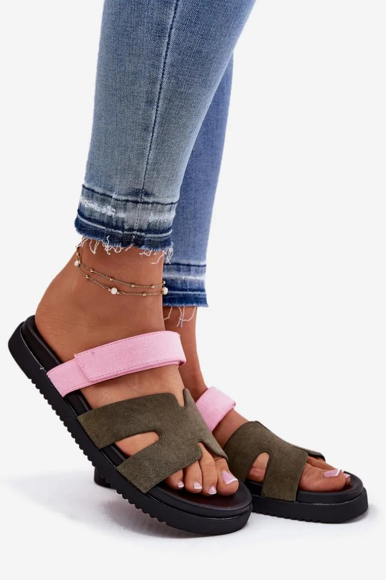 Klapki Damskie Z Rzepem Vinceza 17401 Zielono-Różowe