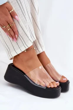 Klapki Damskie Z Transparentnym Paskiem Na Koturnie Czarne Meltiana