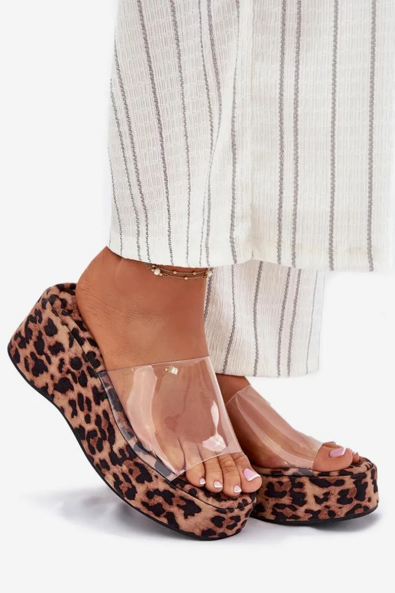 Klapki Damskie Z Transparentnym Paskiem Na Koturnie Panterka Meltiana