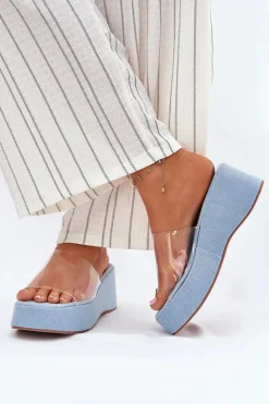 Klapki Damskie Z Transparentnym Paskiem Na Koturnie Jeansowe Meltiana