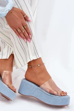 Klapki Damskie Z Transparentnym Paskiem Na Koturnie Jeansowe Meltiana