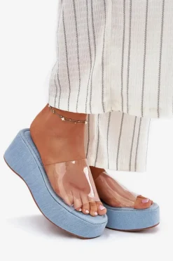 Klapki Damskie Z Transparentnym Paskiem Na Koturnie Jeansowe Meltiana