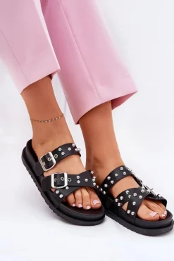 Klapki Damskie Z Ćwiekami I Klamrami Czarne Tesiolle