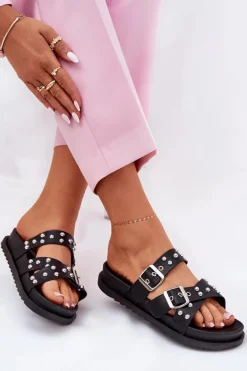 Klapki Damskie Z Ćwiekami I Klamrami Czarne Tesiolle