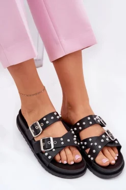 Klapki Damskie Z Ćwiekami I Klamrami Czarne Tesiolle