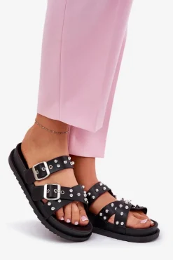 Klapki Damskie Z Ćwiekami I Klamrami Czarne Tesiolle