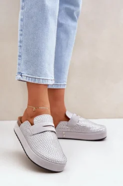 Klapki Damskie Zdobione Cyrkoniami Na Platformie Szare Deorani