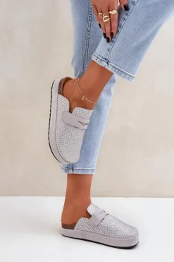 Klapki Damskie Zdobione Cyrkoniami Na Platformie Szare Deorani