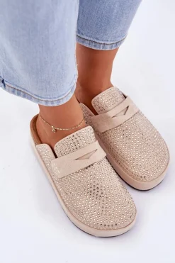 Klapki Damskie Zdobione Cyrkoniami Na Platformie Beżowe Deorani