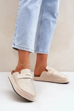 Klapki Damskie Zdobione Cyrkoniami Na Platformie Beżowe Deorani