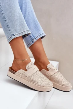 Klapki Damskie Zdobione Cyrkoniami Na Platformie Beżowe Deorani