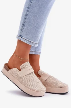 Klapki Damskie Zdobione Cyrkoniami Na Platformie Beżowe Deorani