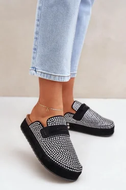 Klapki Damskie Zdobione Cyrkoniami Na Platformie Czarne Deorani