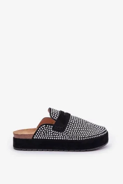 Klapki Damskie Zdobione Cyrkoniami Na Platformie Czarne Deorani