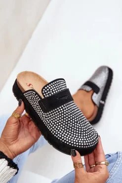 Klapki Damskie Zdobione Cyrkoniami Na Platformie Czarne Deorani