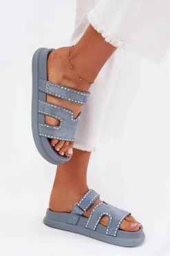 Klapki Damskie Ze Zdobieniem Na Platformie Niebieskie Delyna