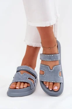 Klapki Damskie Ze Zdobieniem Na Platformie Niebieskie Delyna