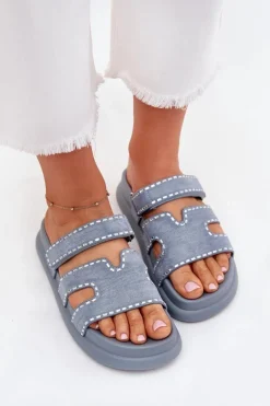 Klapki Damskie Ze Zdobieniem Na Platformie Niebieskie Delyna