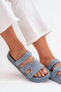 Klapki Damskie Ze Zdobieniem Na Platformie Niebieskie Delyna