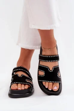 Klapki Damskie Ze Zdobieniem Na Platformie Czarne Delyna
