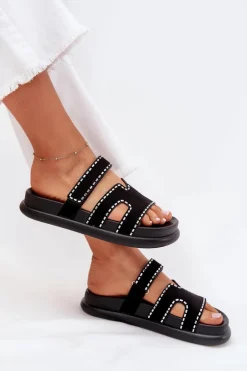 Klapki Damskie Ze Zdobieniem Na Platformie Czarne Delyna