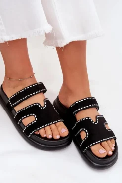Klapki Damskie Ze Zdobieniem Na Platformie Czarne Delyna