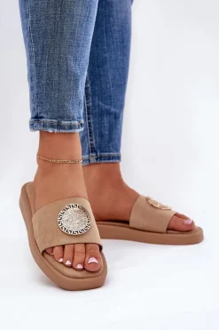 Klapki Damskie Ze Złotą Ozdobą Beżowe Kaliora