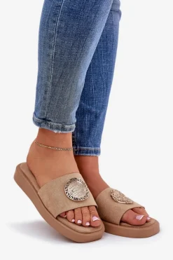 Klapki Damskie Ze Złotą Ozdobą Beżowe Kaliora