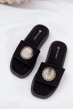 Klapki Damskie Ze Złotą Ozdobą Czarne Kaliora