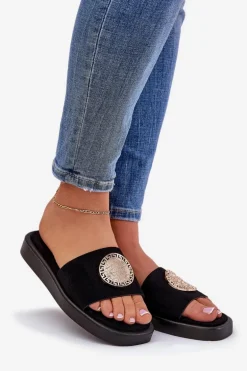 Klapki Damskie Ze Złotą Ozdobą Czarne Kaliora