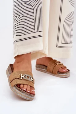 Klapki Damskie Ze Złotym Detalem Na Platformie Z Brokatem Camel Eanes