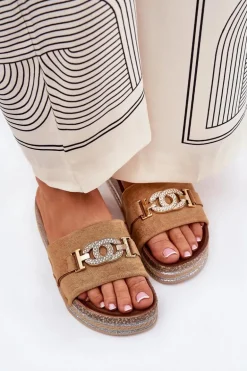 Klapki Damskie Ze Złotym Detalem Na Platformie Z Brokatem Camel Eanes