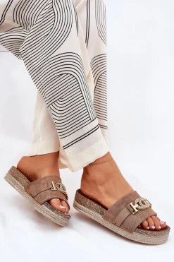 Klapki Damskie Ze Złotym Detalem Na Platformie Z Brokatem Khaki Eanes