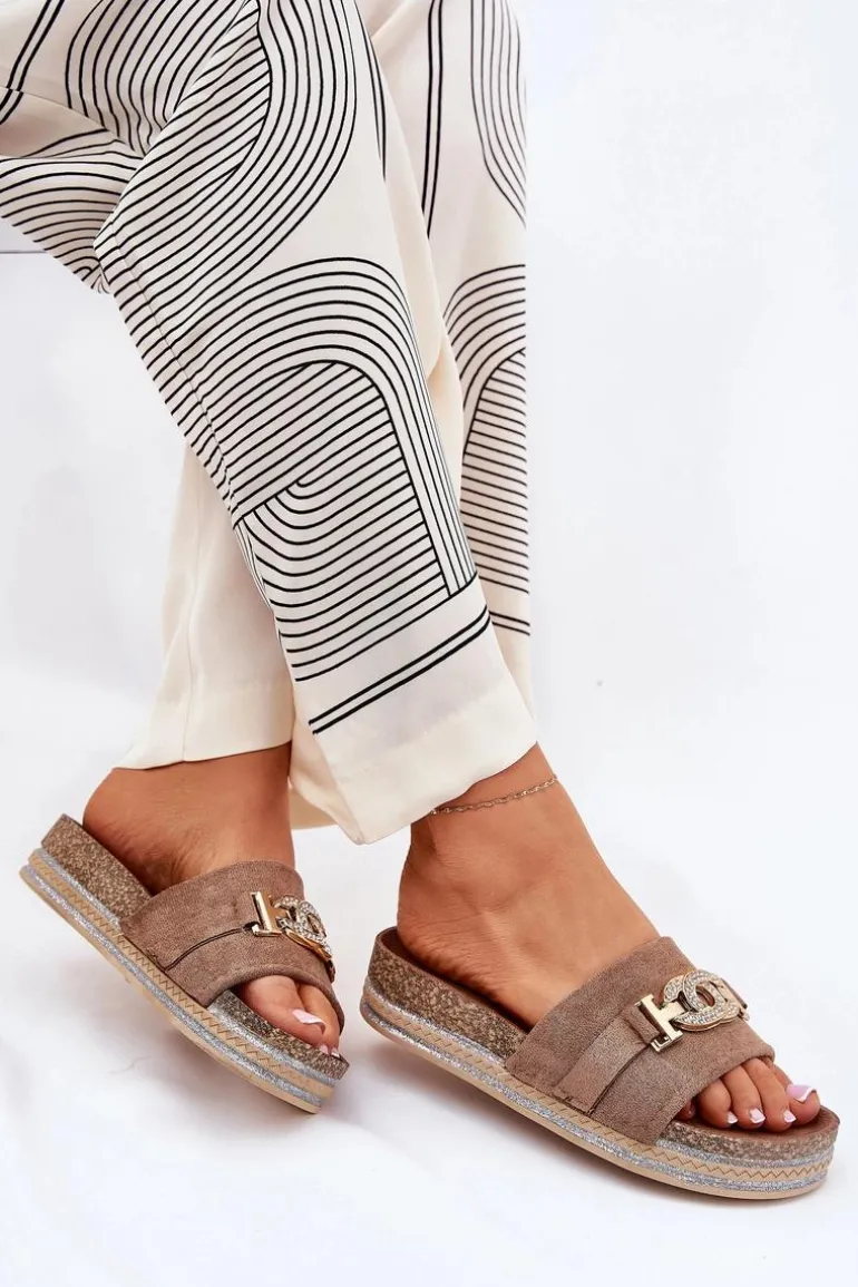 Klapki Damskie Ze Złotym Detalem Na Platformie Z Brokatem Khaki Eanes