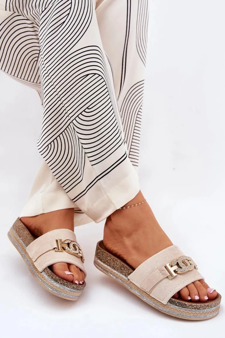 Klapki Damskie Ze Złotym Detalem Na Platformie Z Brokatem Beżowe Eanes