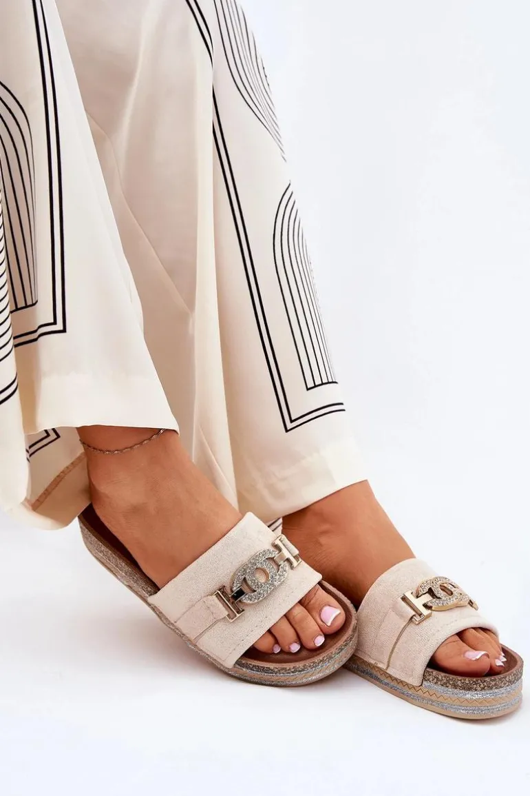 Klapki Damskie Ze Złotym Detalem Na Platformie Z Brokatem Beżowe Eanes
