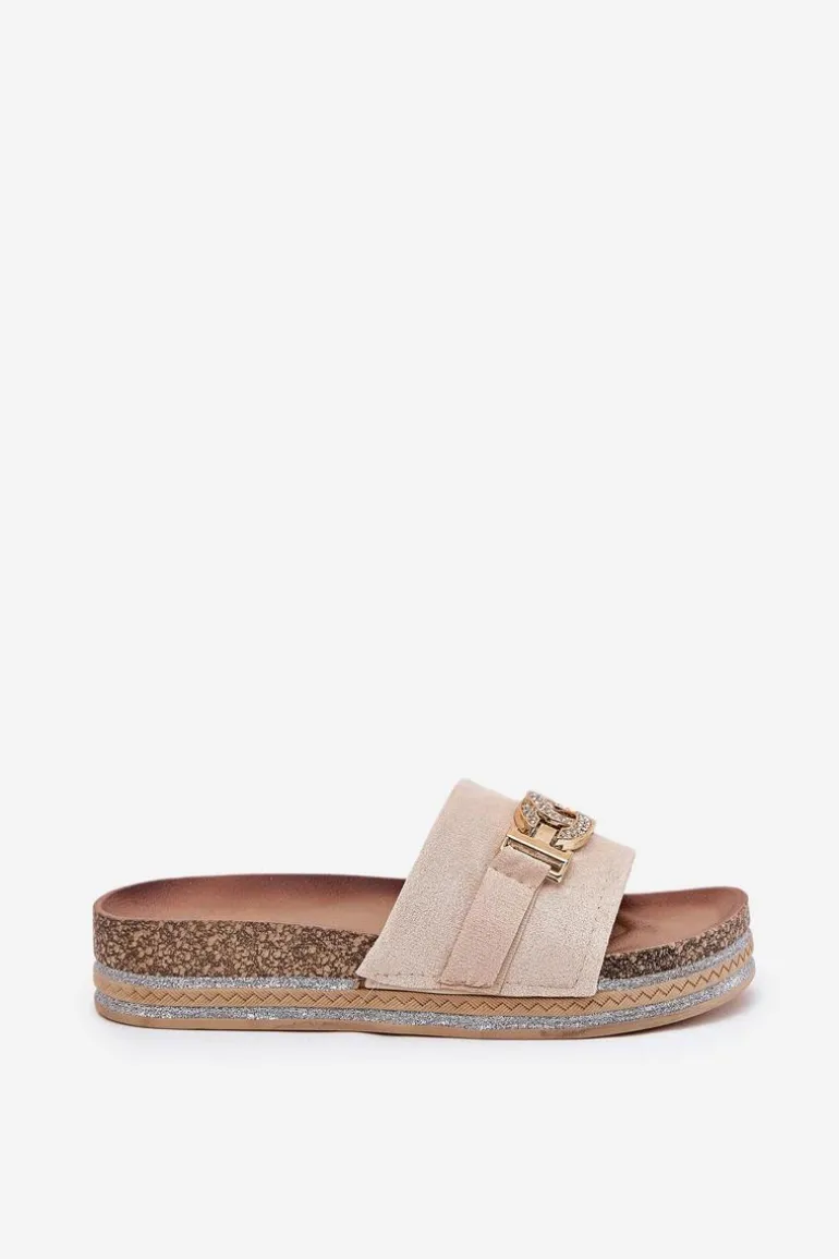 Klapki Damskie Ze Złotym Detalem Na Platformie Z Brokatem Beżowe Eanes