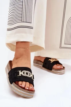 Klapki Damskie Ze Złotym Detalem Na Platformie Z Brokatem Czarne Eanes